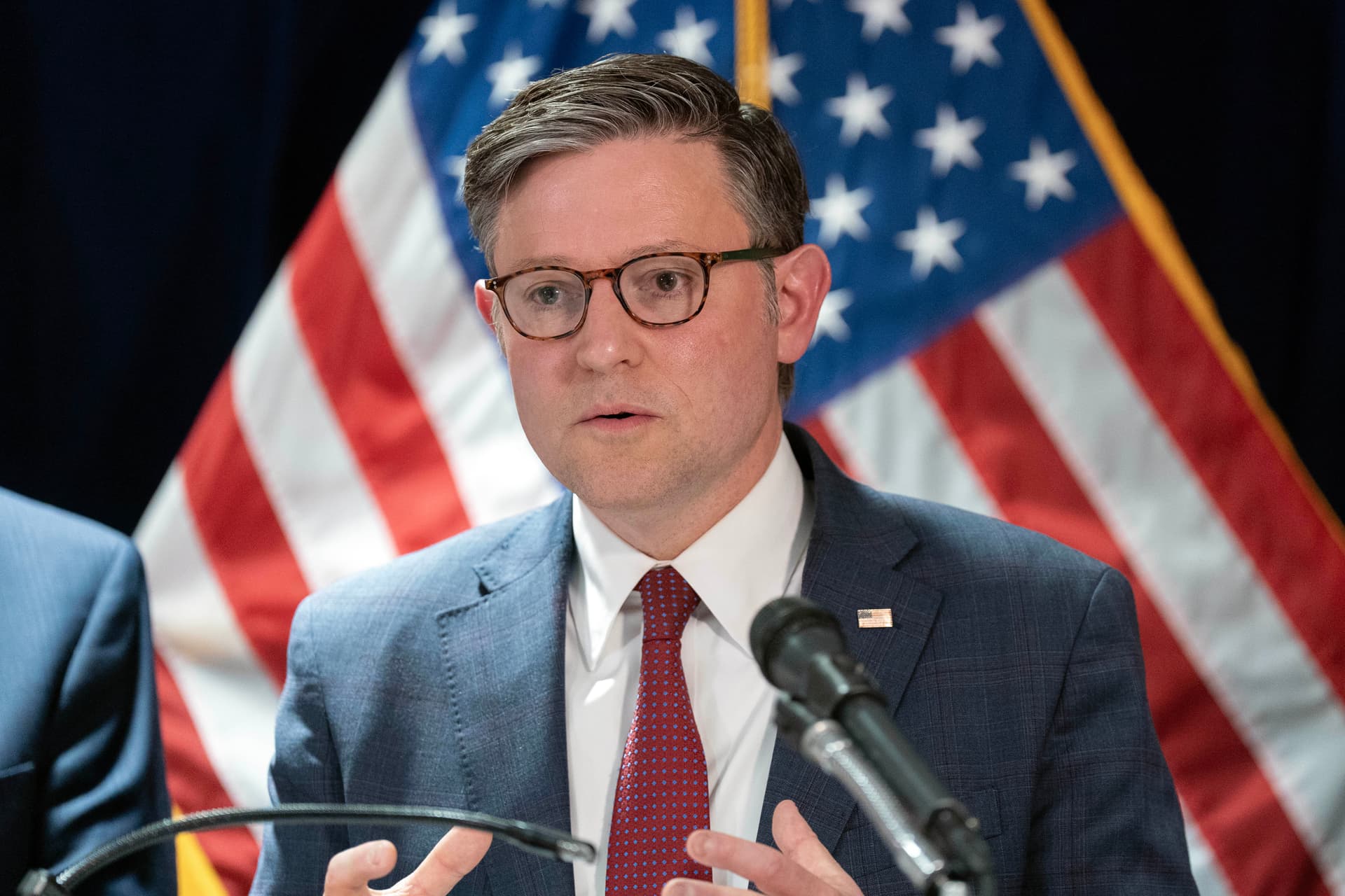 The speaker of the House, Mike Johnson, speaks during a news conference on Capitol Hill, at Washington, D.C., on July 14, 2026.