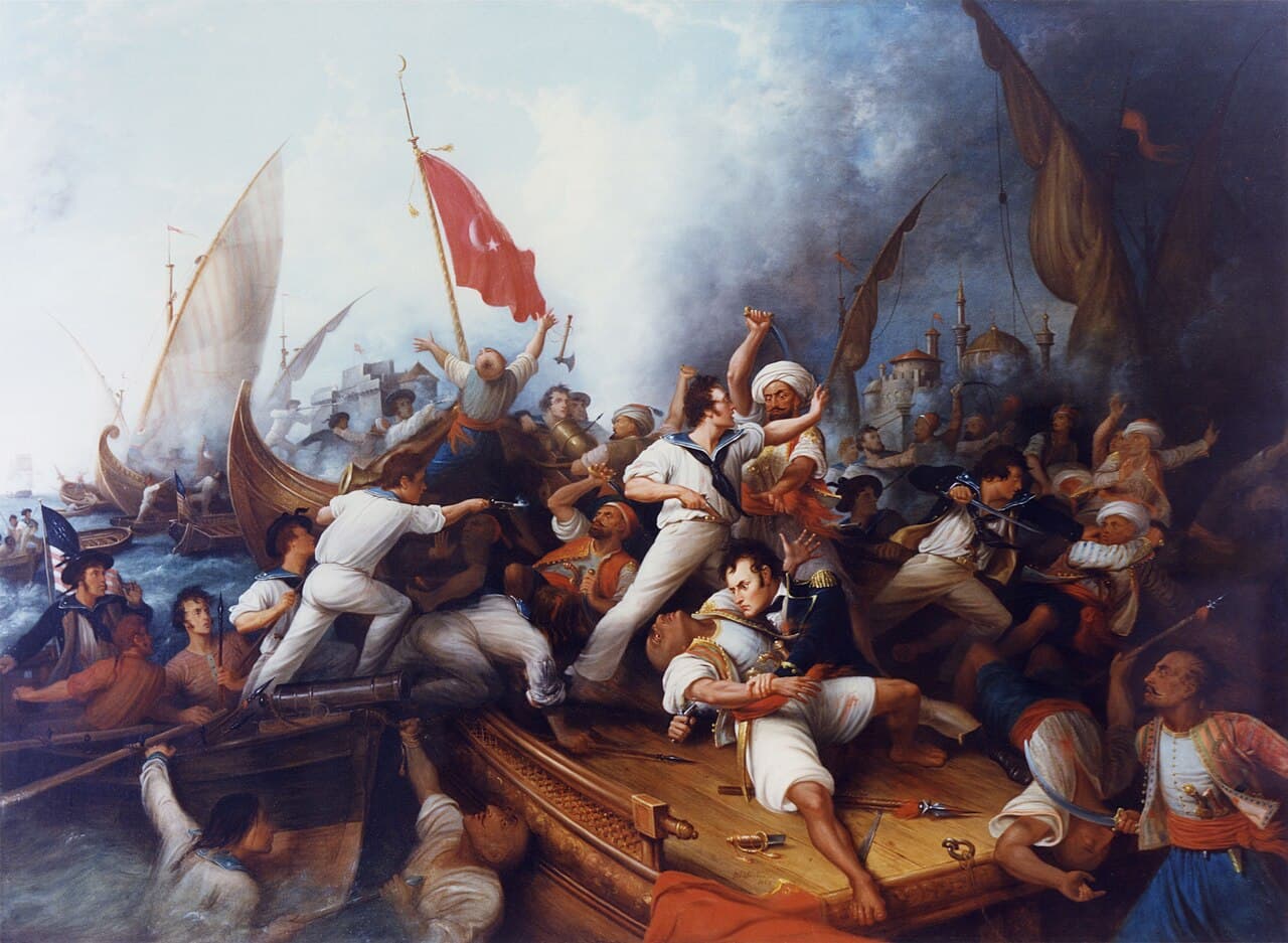 'Decatur Boarding the Gunboat' by Dennis Malone Carter, depicting Lieutenant Stephen Decatur in battle during the bombardment of Tripoli in 1804. 