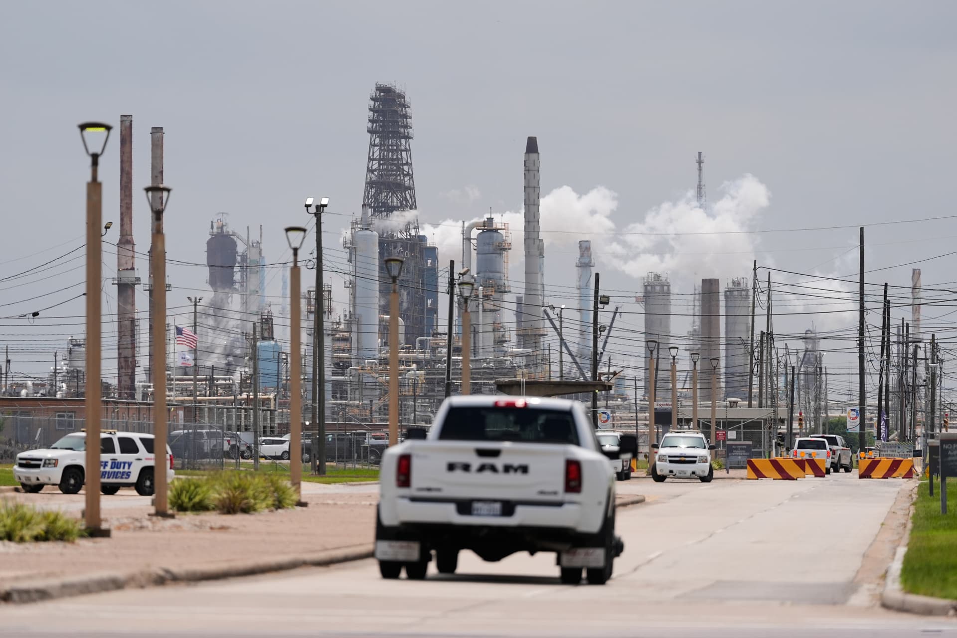 A truck enters the Exxon Mobil Baytown Olefins Plant at Baytown, Texas, on April 29, 2026.