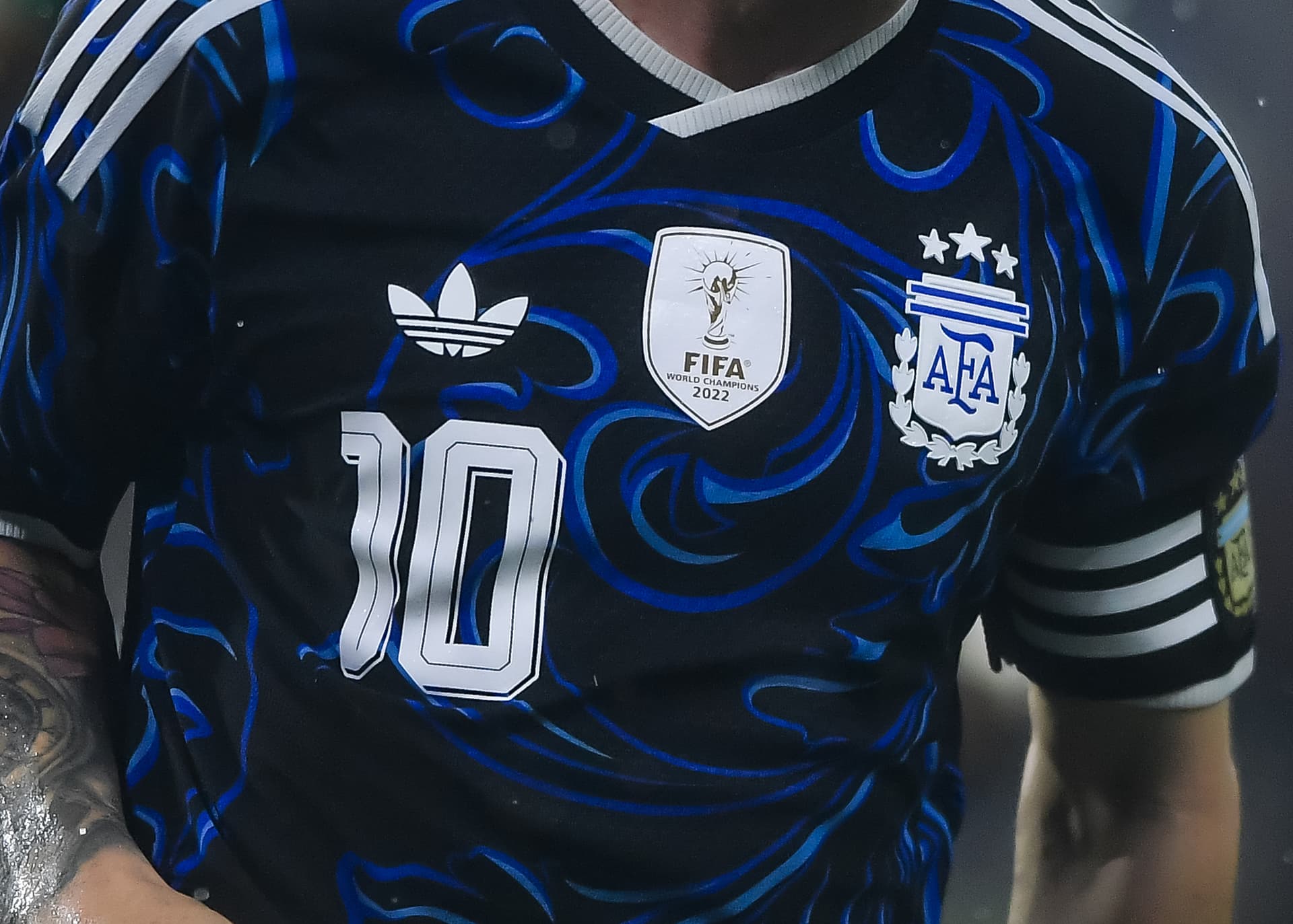 Detail of the Argentina Football Association's crest on Lionel Messi's jersey during the international Alberto J. Armando on March 27, 2026, at Buenos Aires, Argentina.