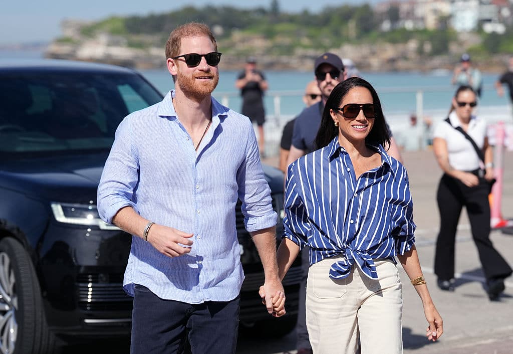 Prince Harry, Duke of Sussex and Meghan, Duchess of Sussex during a visit to Bondi Beach, on April 17, 2026 at Sydney, Australia.