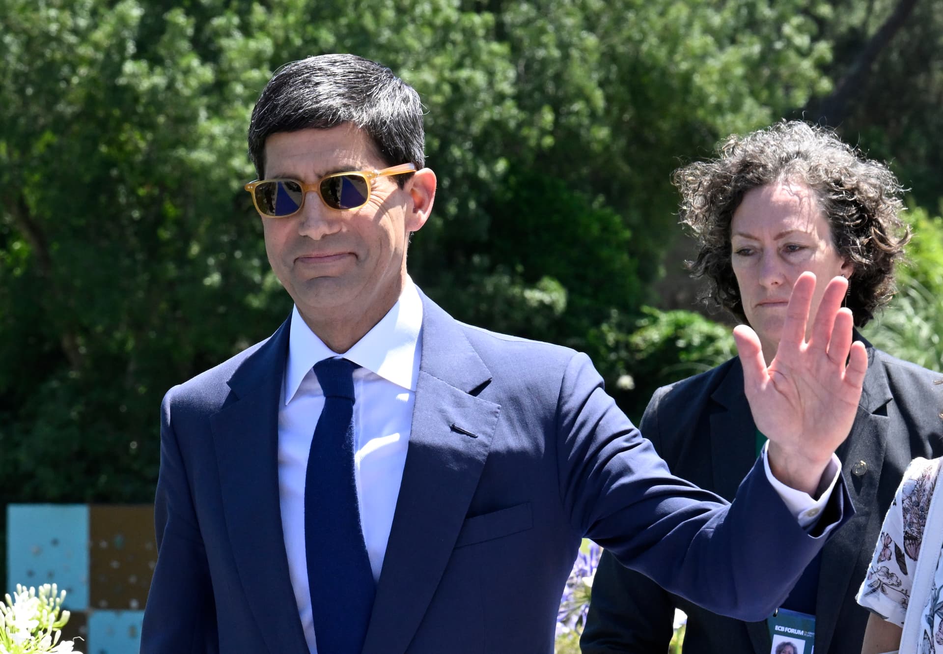 Kevin Warsh, Chairman, Board of Governors of the Federal Reserve System, arrives accompanied by his wife Jane Lauder to participate in the Policy Panel at the afternoon session in Penha Longa Resort during the last day of the 2026 European Central Bank Forum on Central Banking on July 1, 2026 in Sintra, Portugal. 