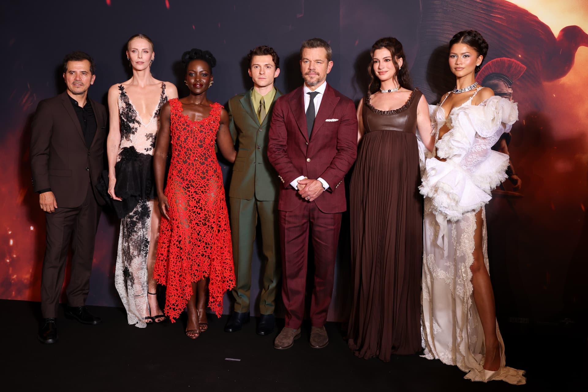 John Leguizamo, Charlize Theron, Lupita Nyong'o, Tom Holland, Matt Damon, Anne Hathaway, and Zendaya attend "The Odyssey" Paris Premiere on July 08, 2026. 