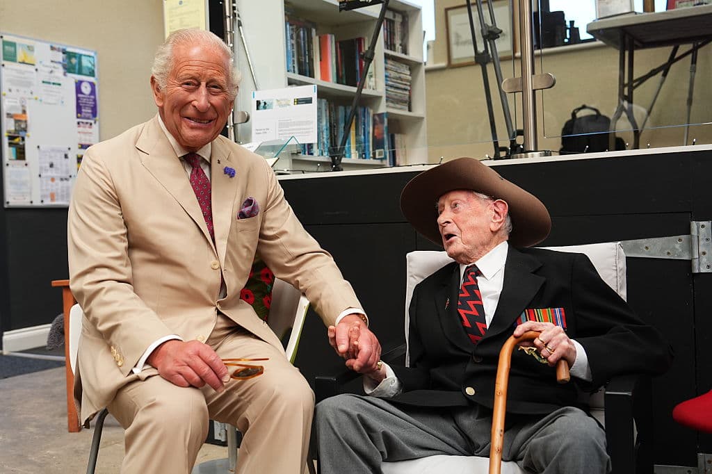 King Charles III, Lord of Mann, meets Burma veteran James Fenton, 104, at Port Soderick Beach on July 14, 2026 at Isle of Man.
