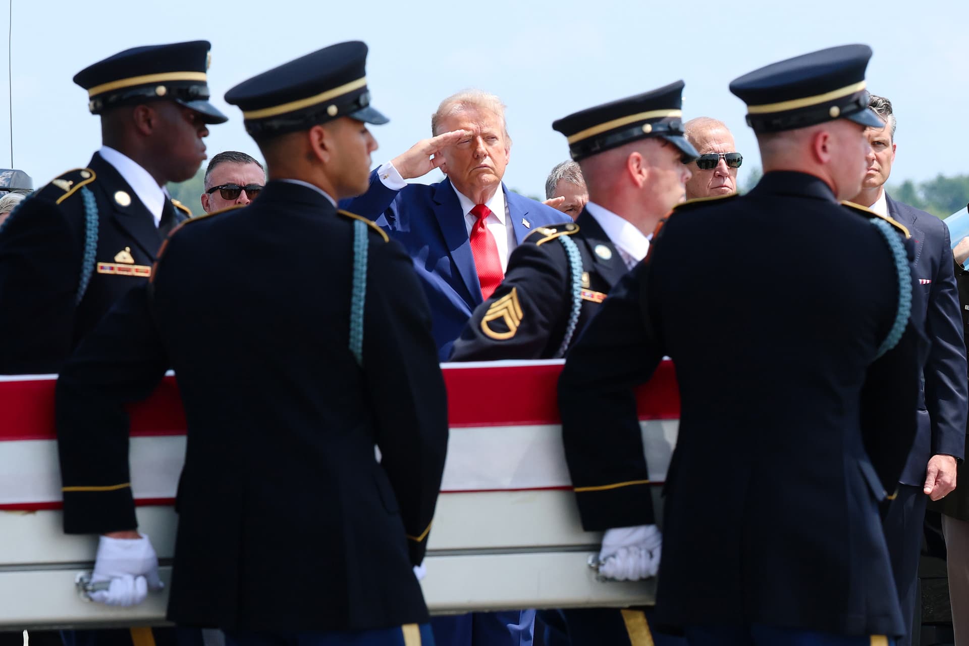 President Trump salutes as members of a U.S. Army carry team move the flag-draped transfer case holding the remains of Army Private Isabella Gonzales, of Carrollton, Texas, during a dignified transfer at Dover Air Force Base July 22, 2026.