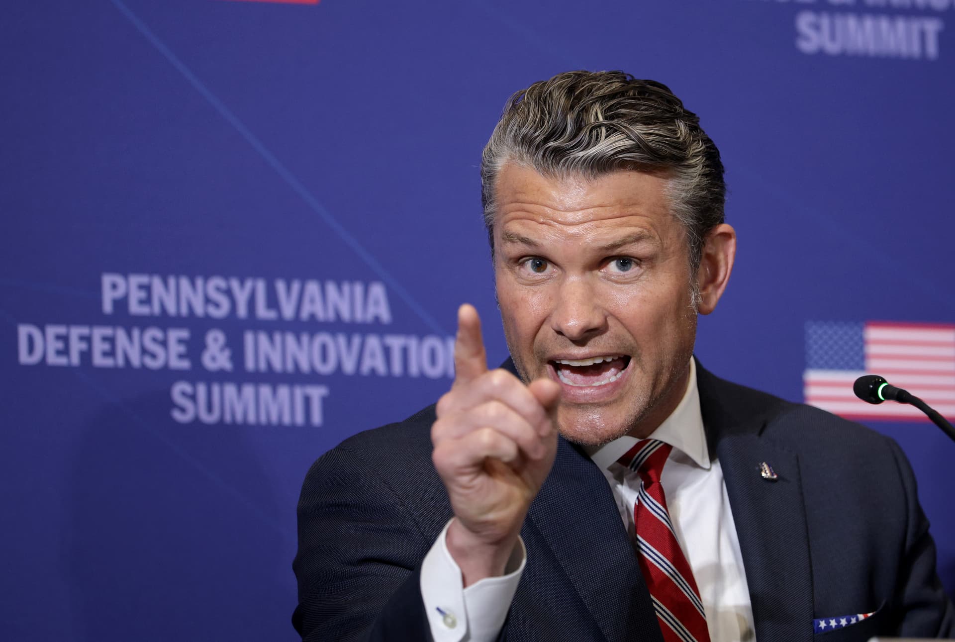 Secretary of Defense Pete Hegseth speaks at the Pennsylvania Defense and Innovation Summit at the U.S. Army War College at Carlisle, Pennsylvania, on July 15, 2026.