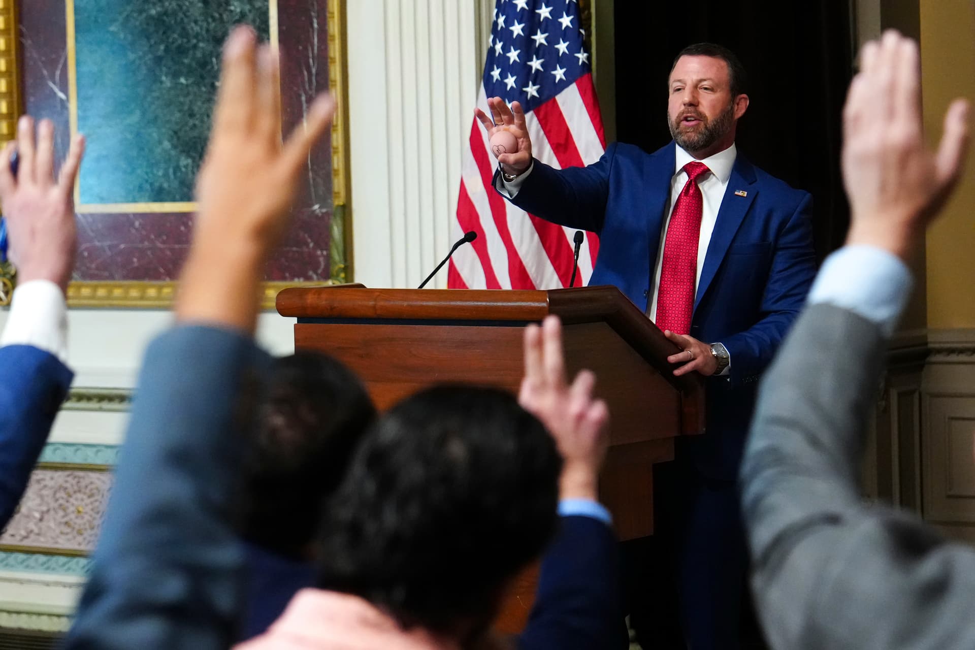 Homeland Security Secretary Markwayne Mullin speaks to reporters at the Eisenhower Executive Office Building at Washington, D.C., on July 17, 2026.