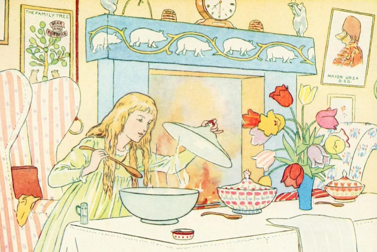 Goldilocks depicted by Leonard Leslie Brooke in 'The Story of the Three Bears,' detail.