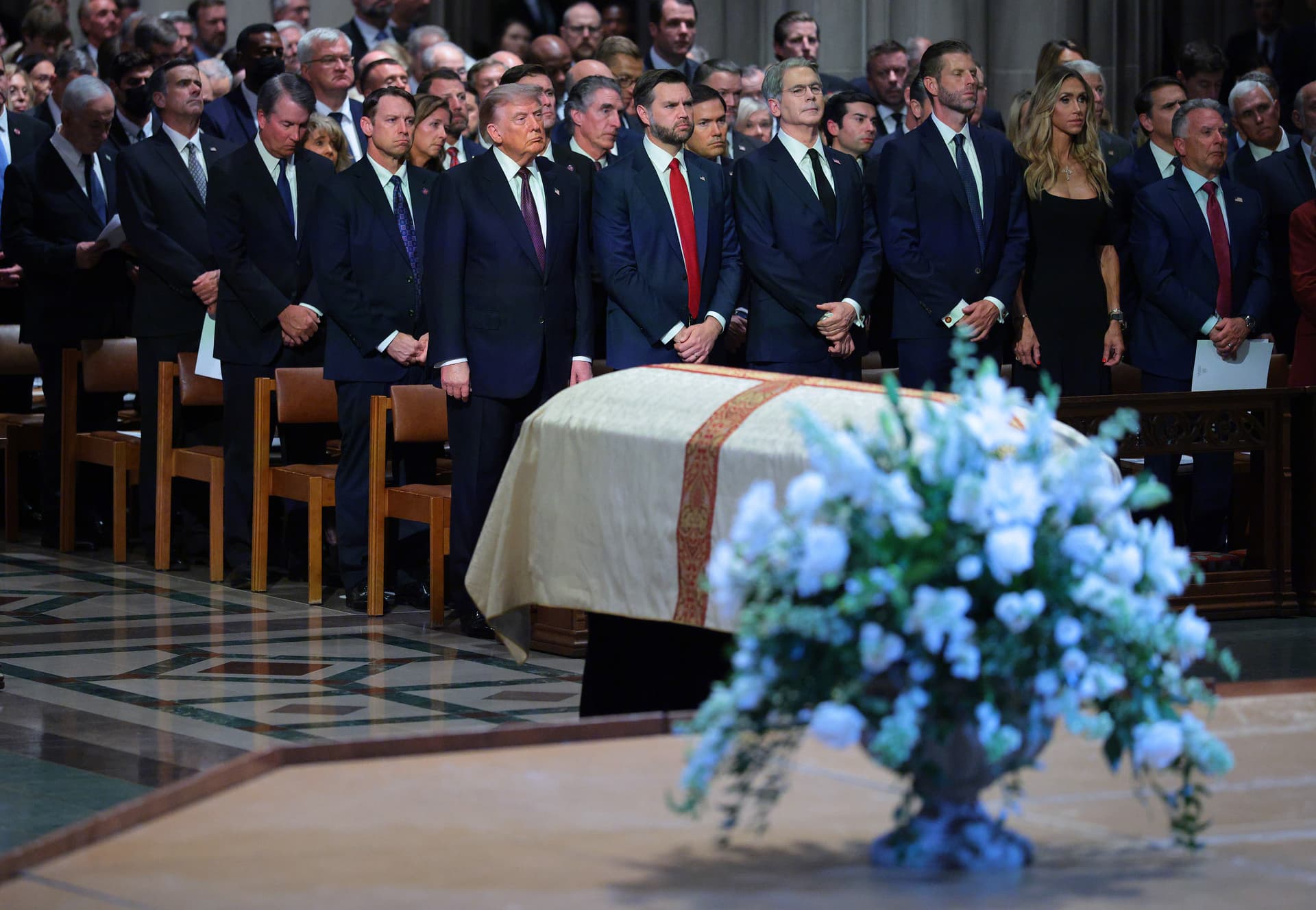 President Trump, Vice President Vance, U.S. Treasury Secretary Scott Bessent, Eric Trump, Lara Trump, and U.S. Special Envoy to the Middle East Steve Witkoff attend the funeral service for the late Senator Lindsey Graham at the Washington National Cathedral on July 28, 2026.