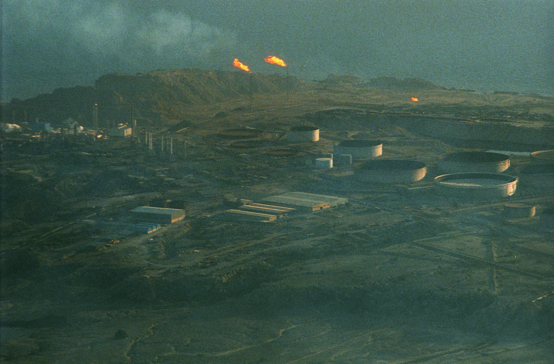 An aerial view of oil fields and installations on Kharg Island in the Persian Gulf, off the coast of Iran, in 2000.
