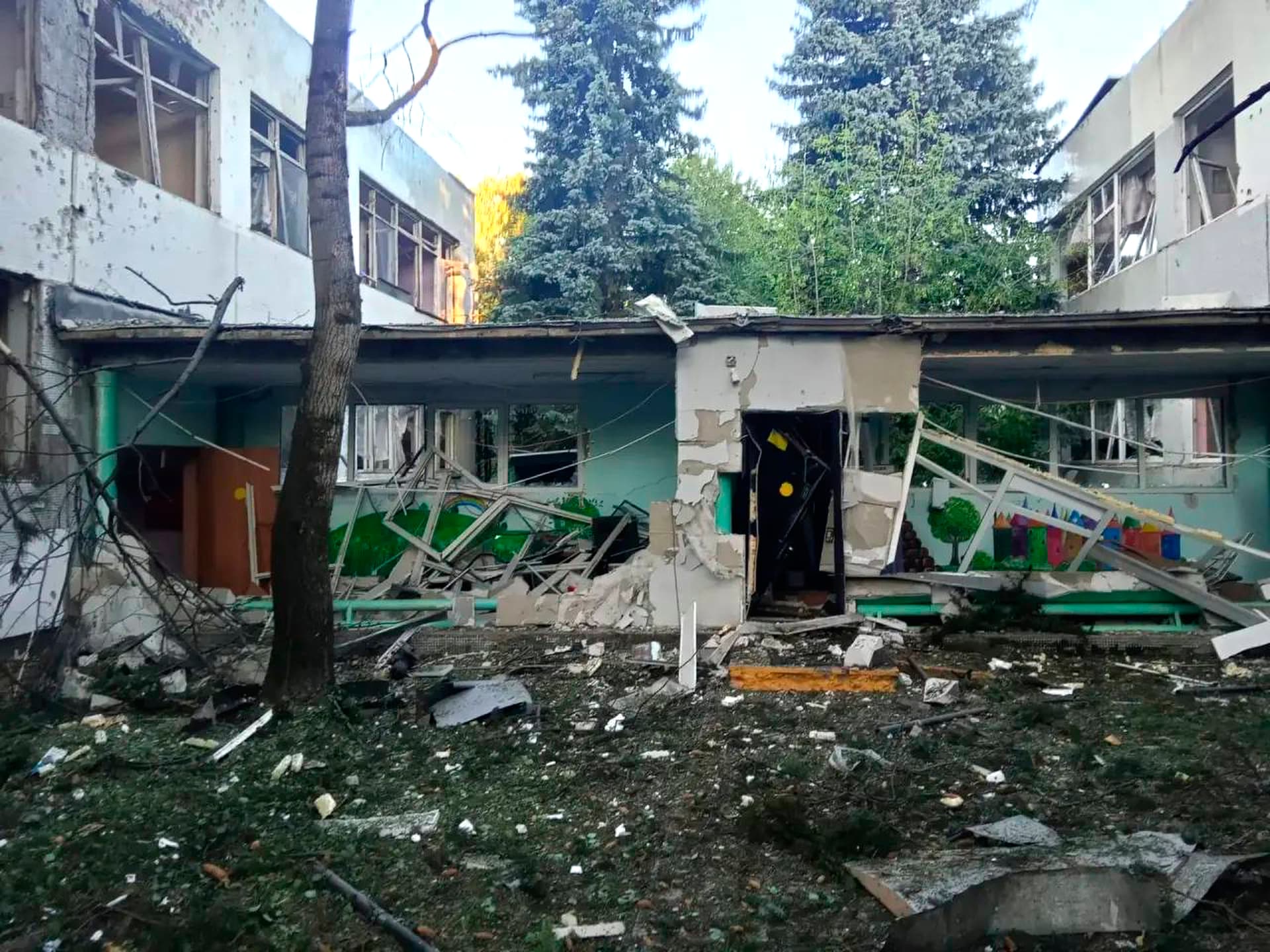 A building damaged during a Ukrainian drone attack at Elektrostal in the Moscow region of Russia, July 18, 2026. 