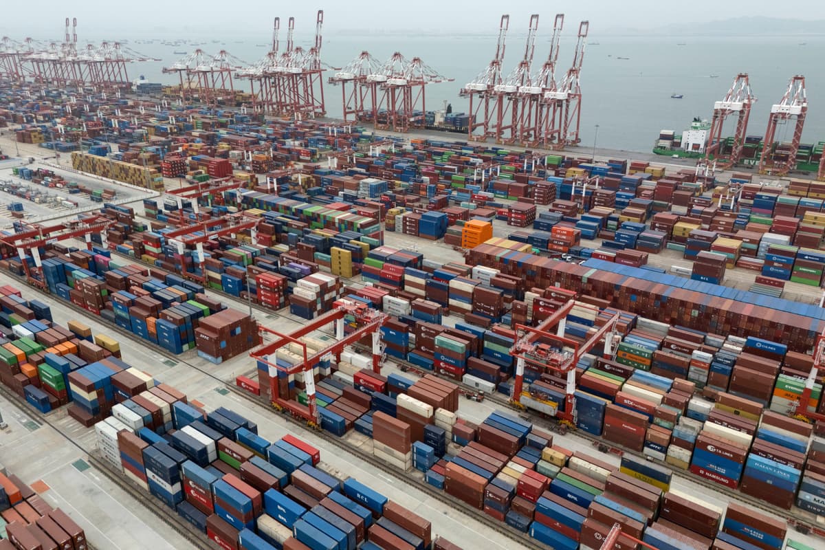 Shipping containers are seen ready for transport at the Guangzhou in southern China's Guangdong province on April 17, 2025.