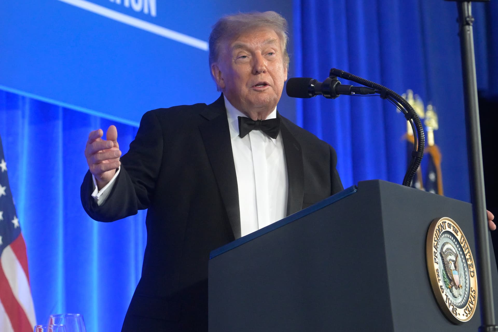 President Trump speaks at the White House Correspondents' Association dinner on July 24, 2026.