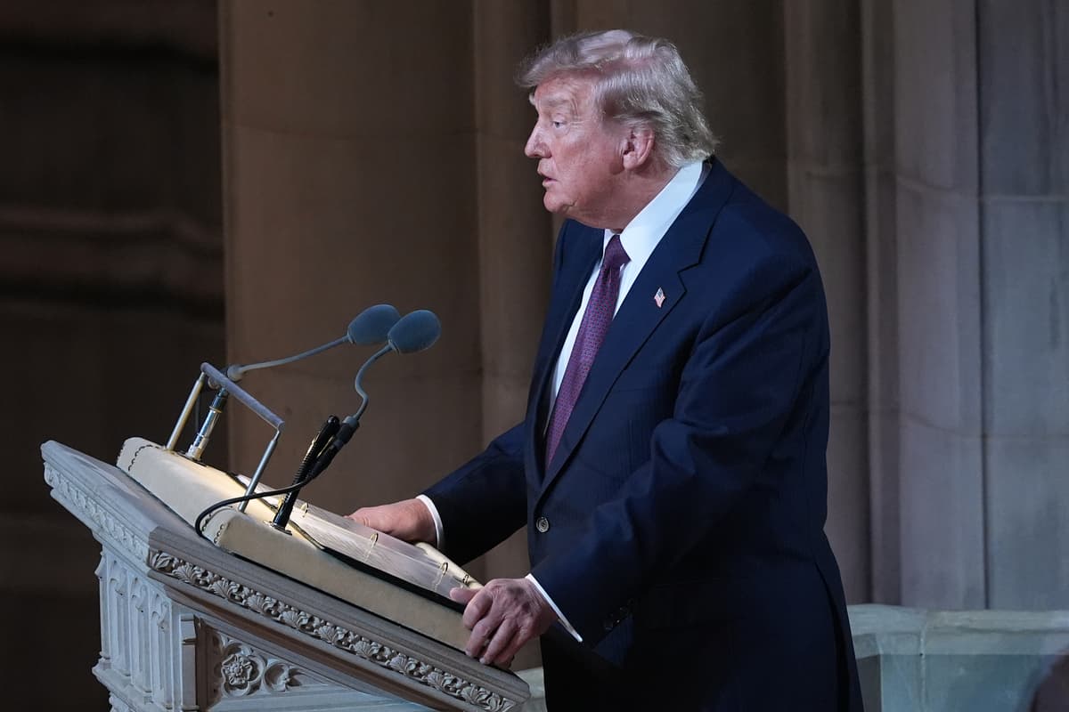 President Trump speaks during the funeral of Senator Lindsey Graham, July 28, 2026, at the Washington National Cathedral.