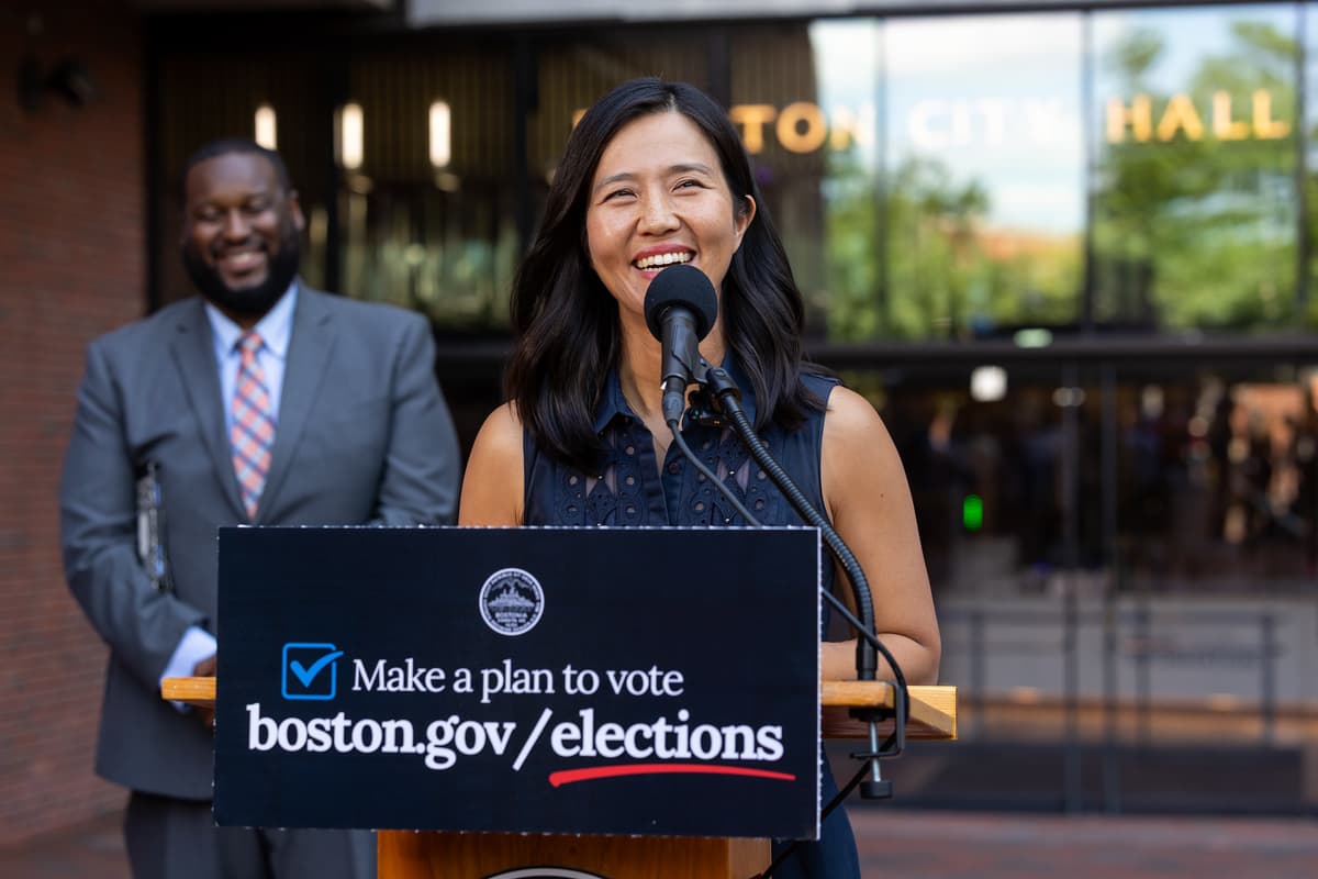 Mayor Michelle Wu holds a press conference on August 19, 2026, to outline Boston's efforts to ensure a smooth and fair November election. 