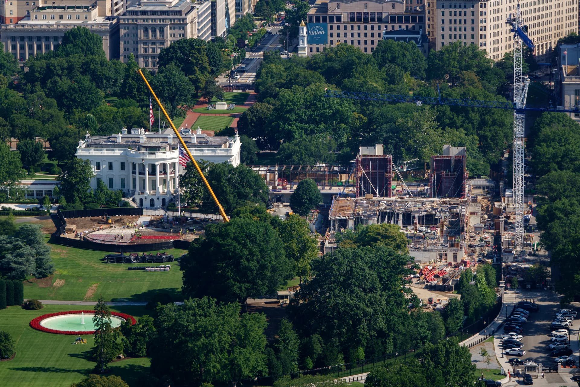 Construction work is seen on the East Wing ballroom and a new helipad on the South Lawn of the White House on August 6, 2026.