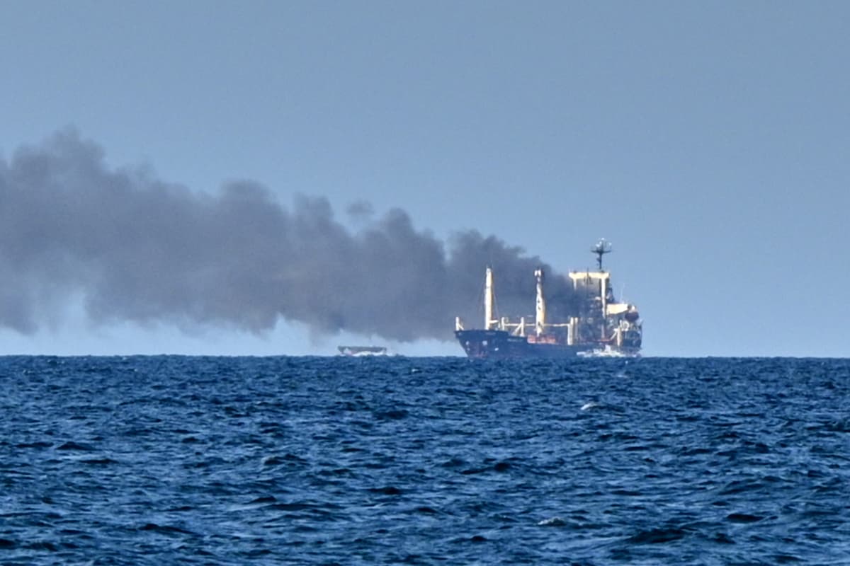 Smoke rises from the grain carrier Golden Leo after a Russian missile strike in the Black Sea close to Odesa, Ukraine, on July 19, 2026.