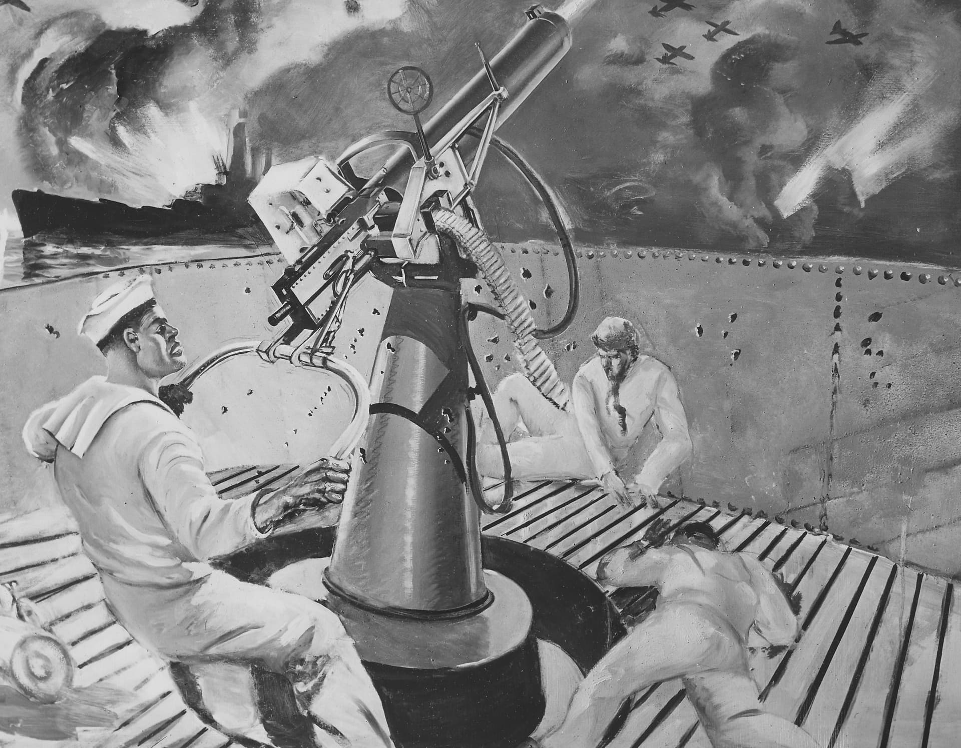 A mural painted in 1945 depicts sailor Doris 'Dorie' Miller firing an anti-aircraft gun during the Japanese attack on Pearl Harbor on December 7, 1941.