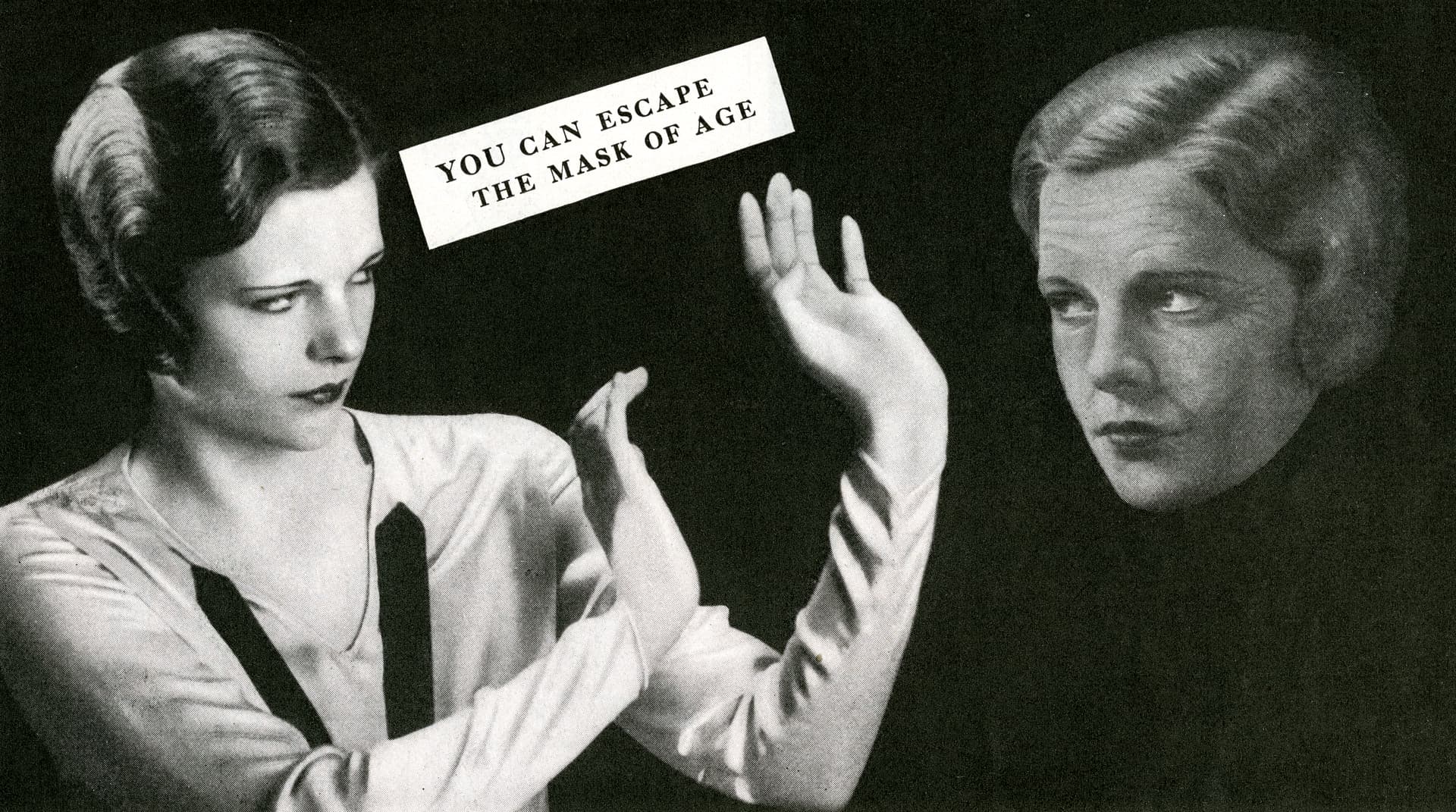 Young woman trying to hold back old age; screen print from a photograph, 1926. 