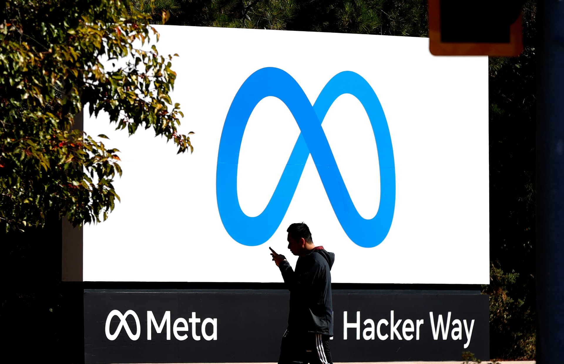 The Meta Platforms corporate sign is seen outside the company's global headquarters at 1 Hacker Way at Menlo Park, California on October 28, 2021.