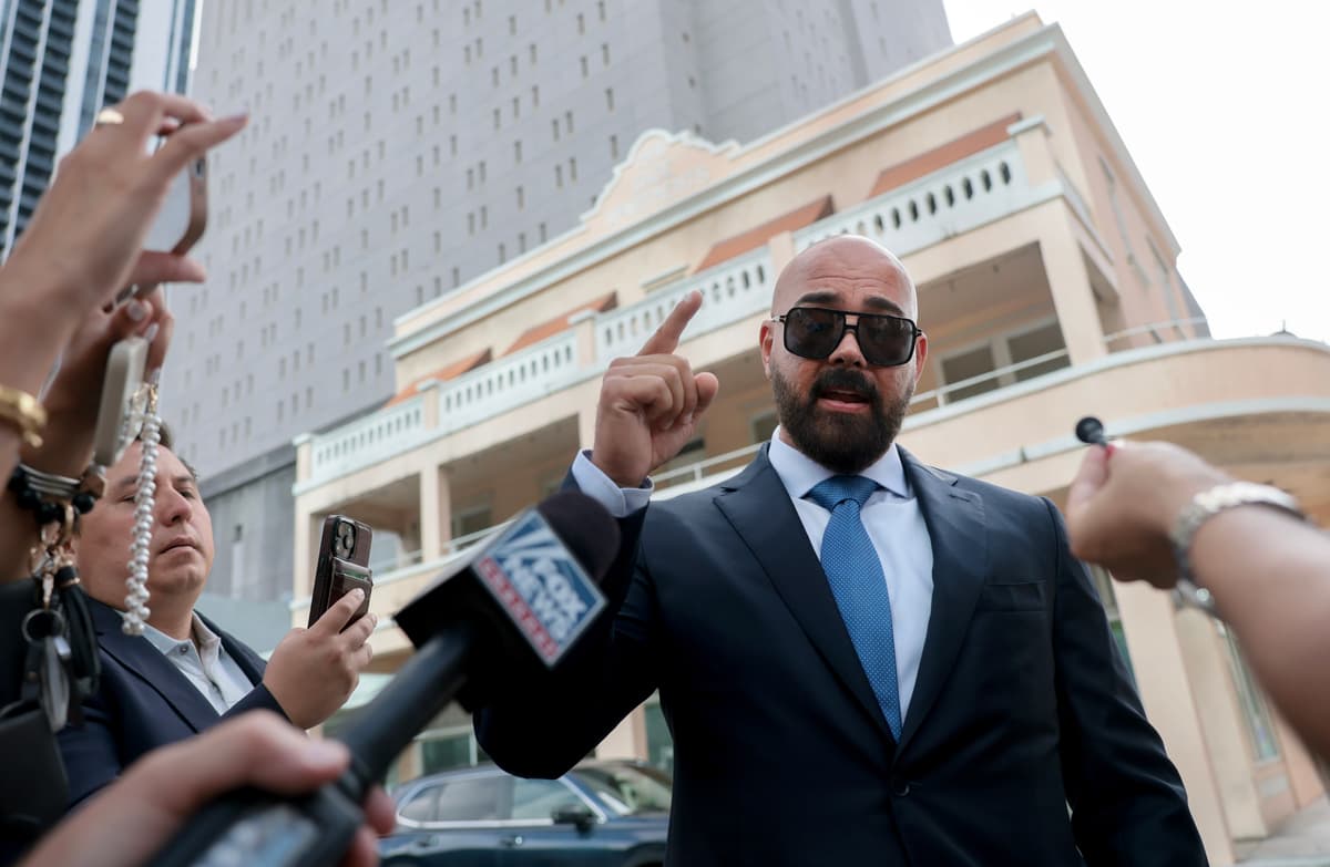 The lead counsel for Andrew and Tristan Tate, Joseph McBride, speaks to reporters outside a federal courthouse at Miami, Florida, on July 20, 2026.