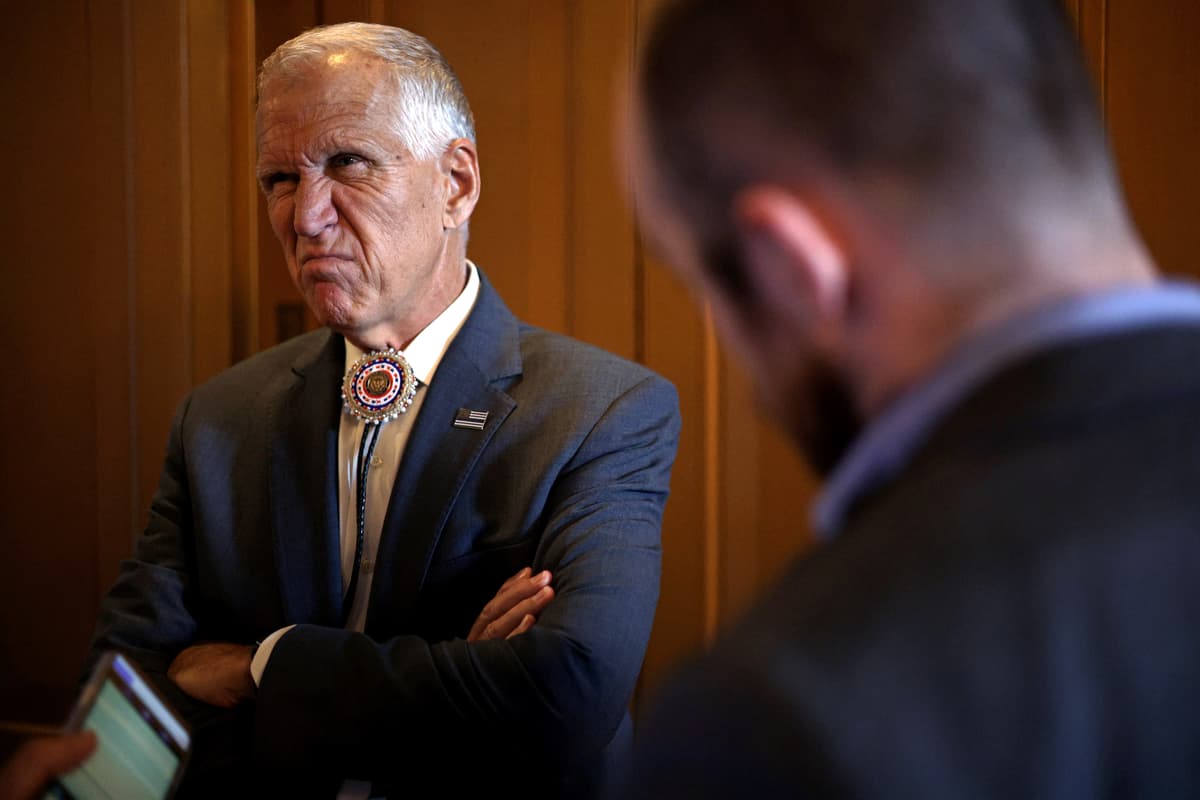 Senator Thom Tillis speaks to reporters at the United States Capitol on August 5, 2026.