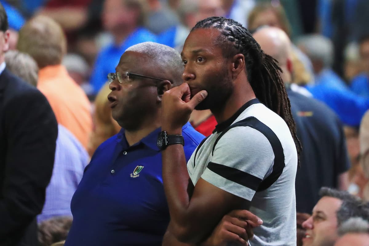 NFL player Larry Fitzgerald of the Arizona Cardinals and Larry Fitzgerald Sr. attend the game between the North Carolina Tar Heels and the Oregon Ducks during the 2017 NCAA Men's Final Four Semifinal at University of Phoenix Stadium on April 1, 2017 at Glendale, Arizona.  