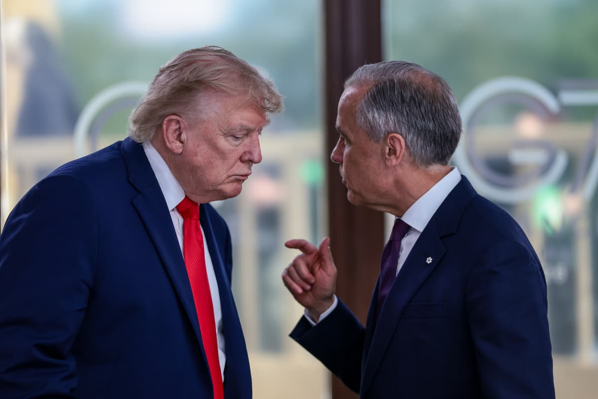 President Trump speaks with Prime Minister Mark Carney at the G7 conference on June 16, 2026 at Evian-les-Bains, France.