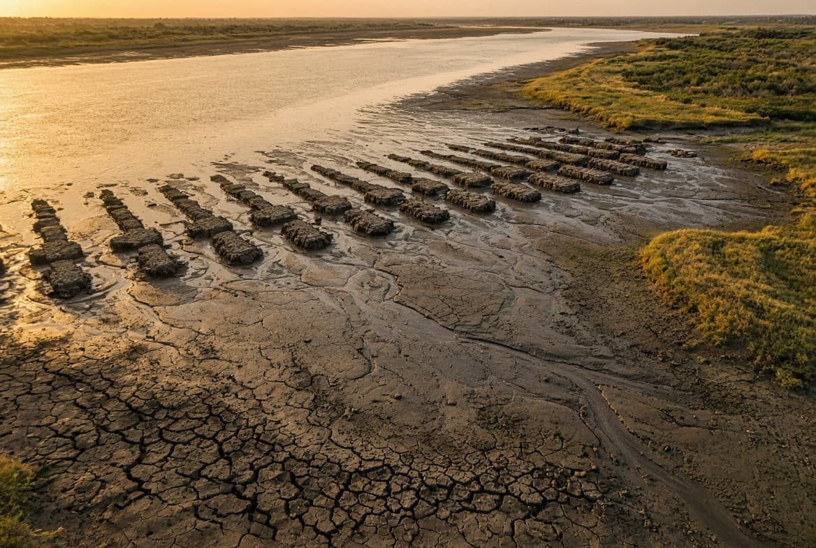 The foundations of the ancient Constantine's Bridge, newly exposed by record low water levels on the Danube River, are seen near the village of Gigen, Bulgaria, on August 4, 2026.