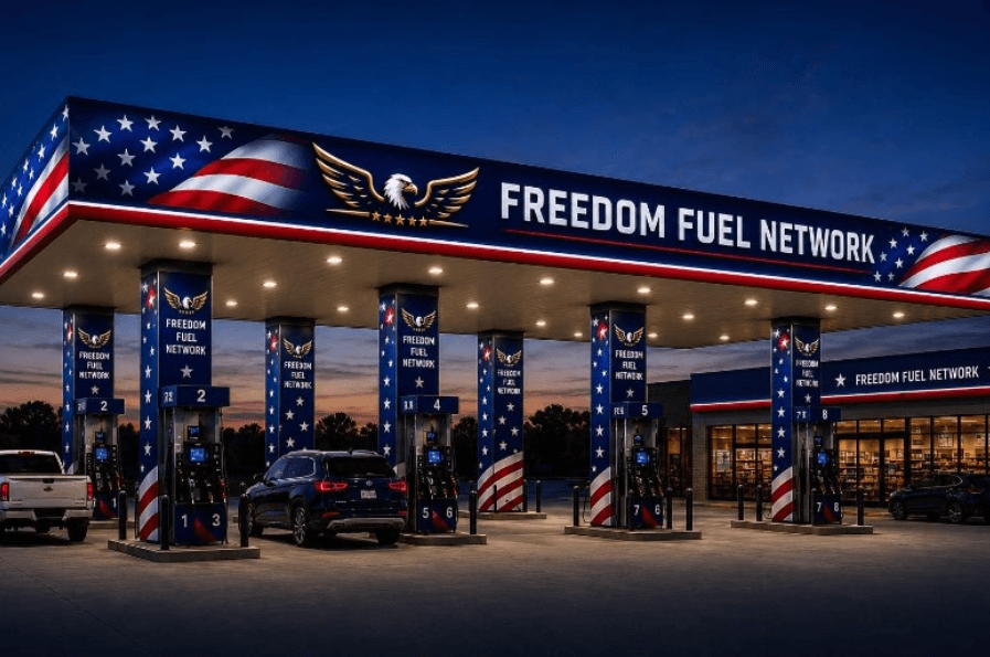 This possibly AI-generated image of a Freedom Fuel gas station was posted by President Trump on his Truth Social account on July 1, 2026.