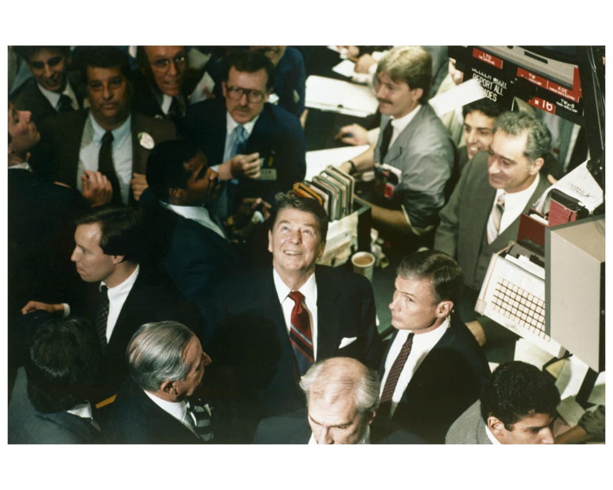 Ronald Reagan visiting the floor of the New York Stock Exchange in 1985.