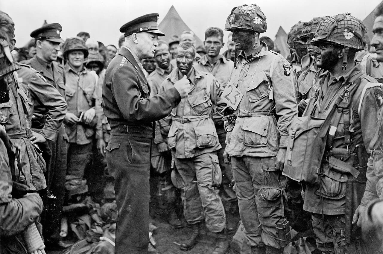 General Dwight D. Eisenhower addresses American paratroopers prior to D-Day on June 5, 1944.