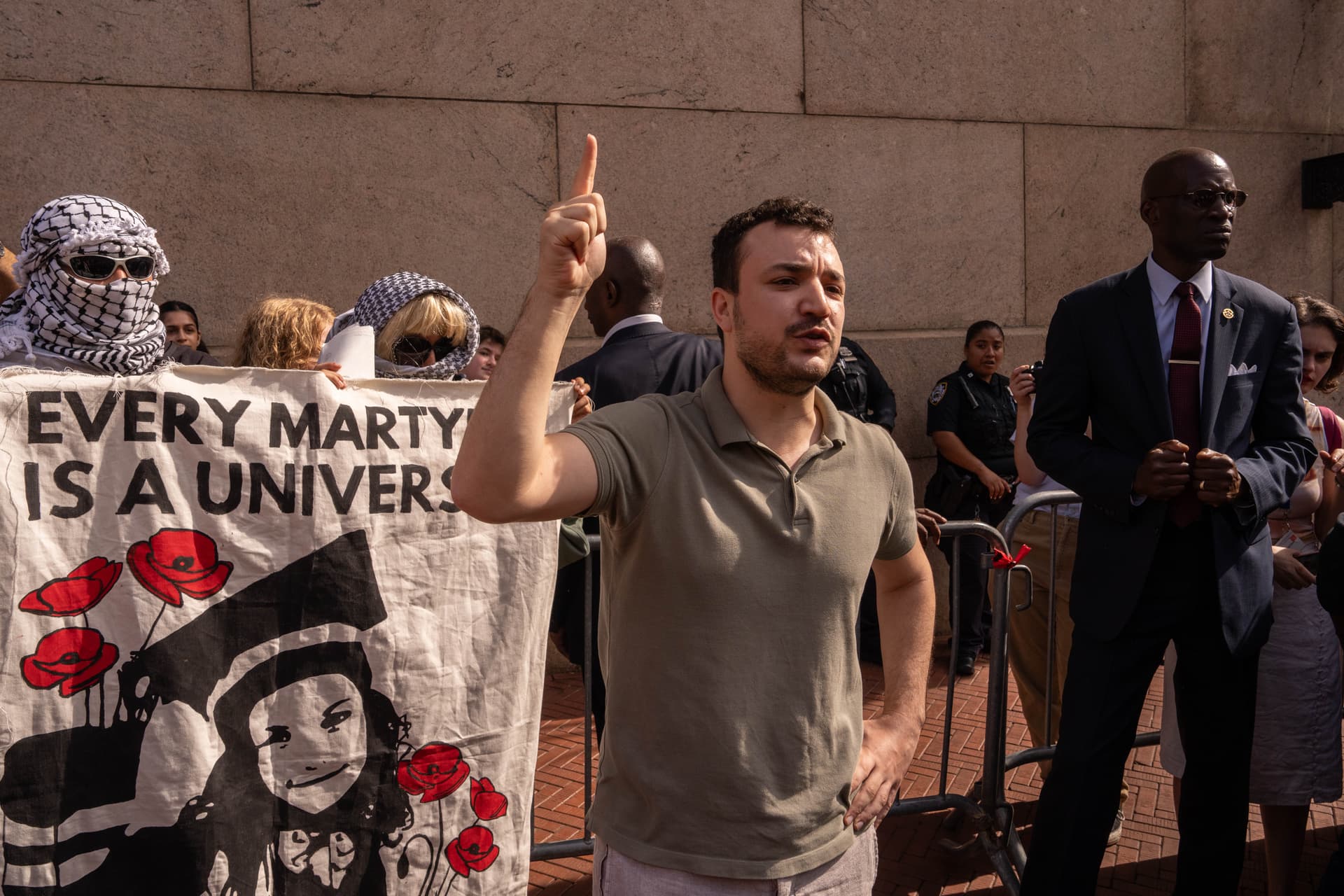 Mahmoud Khalil attends a vigil and protest for Palestine outside of Columbia University on October 7, 2025 in New York City. 