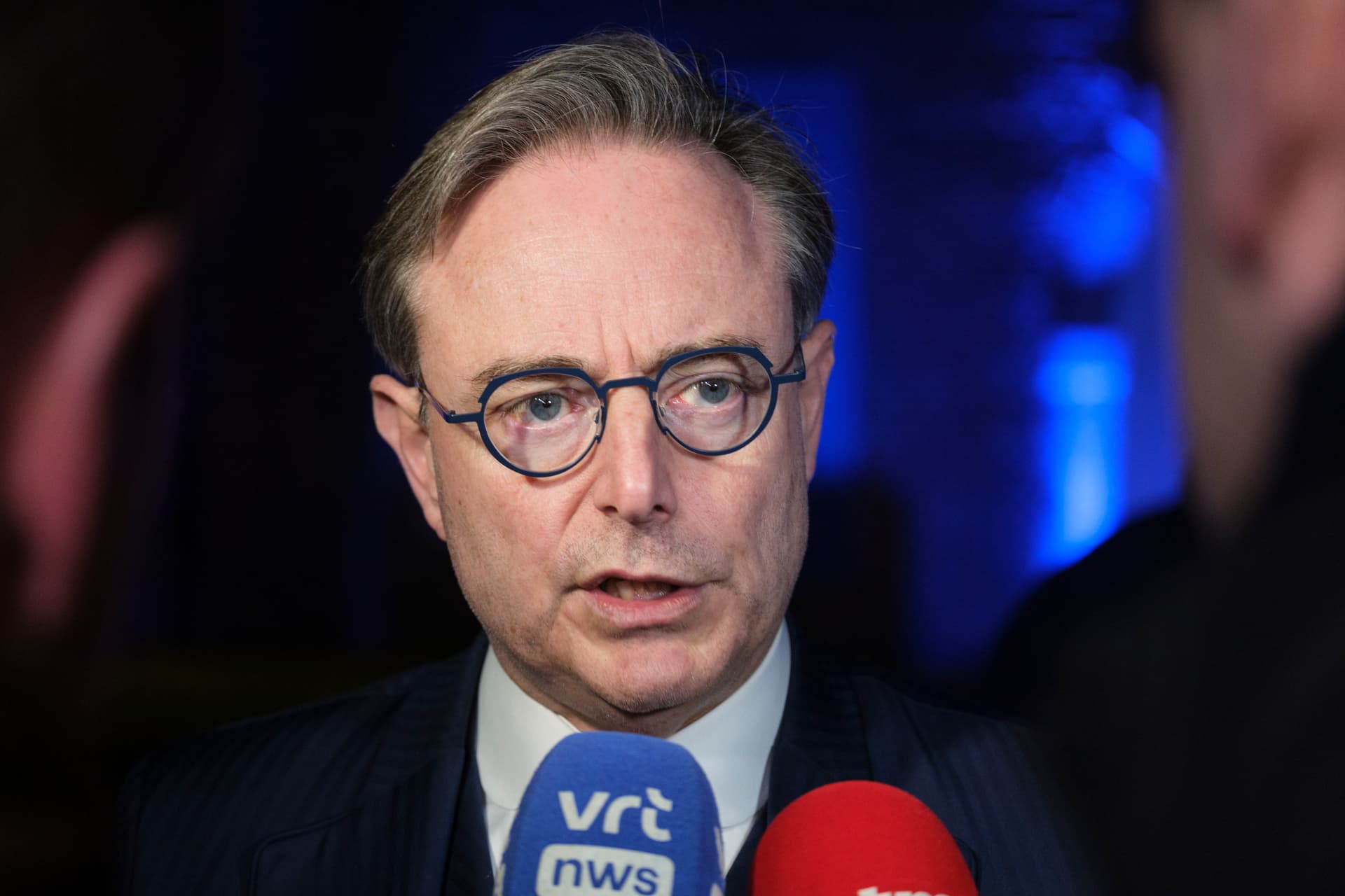 Belgium Prime Minister Bart De Wever talks to media at the end of an EU Informal Summit in the Alden Biesen Castle on February 12, 2026 at Rijkhoven, Belgium.