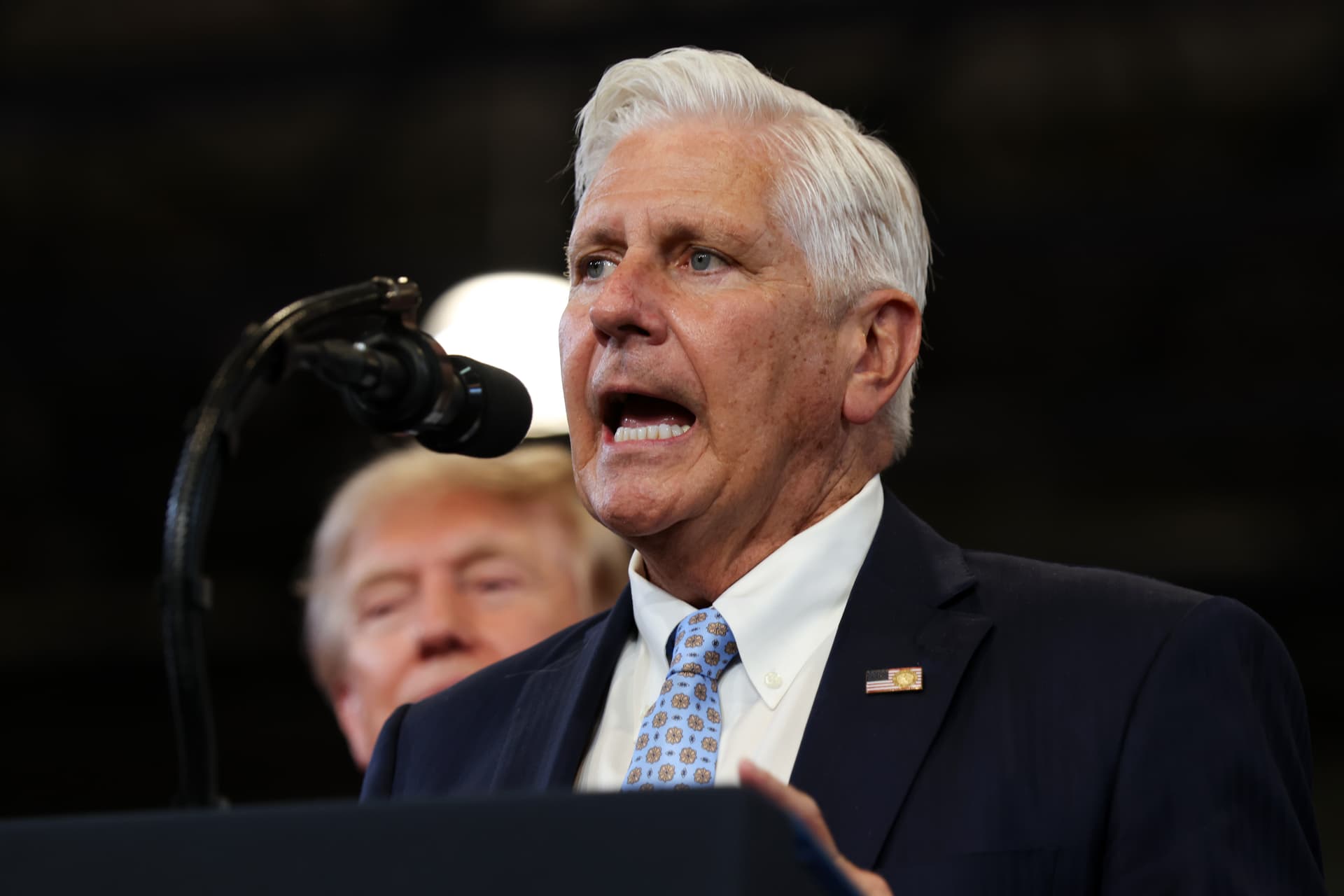 Bruce Blakeman speaks during an event with President Trump at the David S. Mack Center for Training and Intelligence on August 14, 2026 at Garden City, New York. 