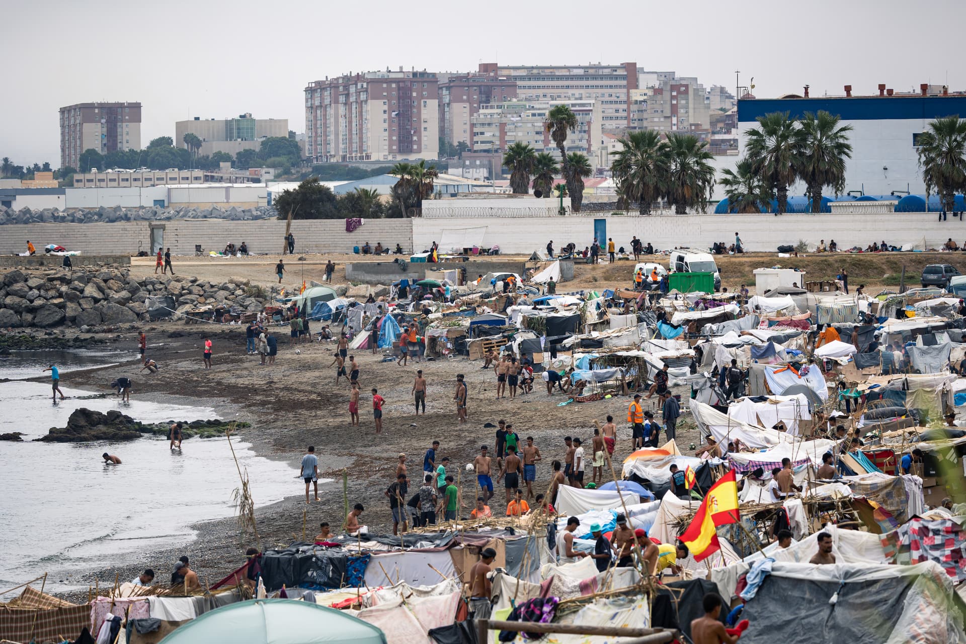 A view of the migrants' camp at Ceuta, Spain, on September 02, 2026. Authorities estimate between 5,000 and 10,000 migrants, including unaccompanied minors, remain at Ceuta, with many located on El Trampolín beach.