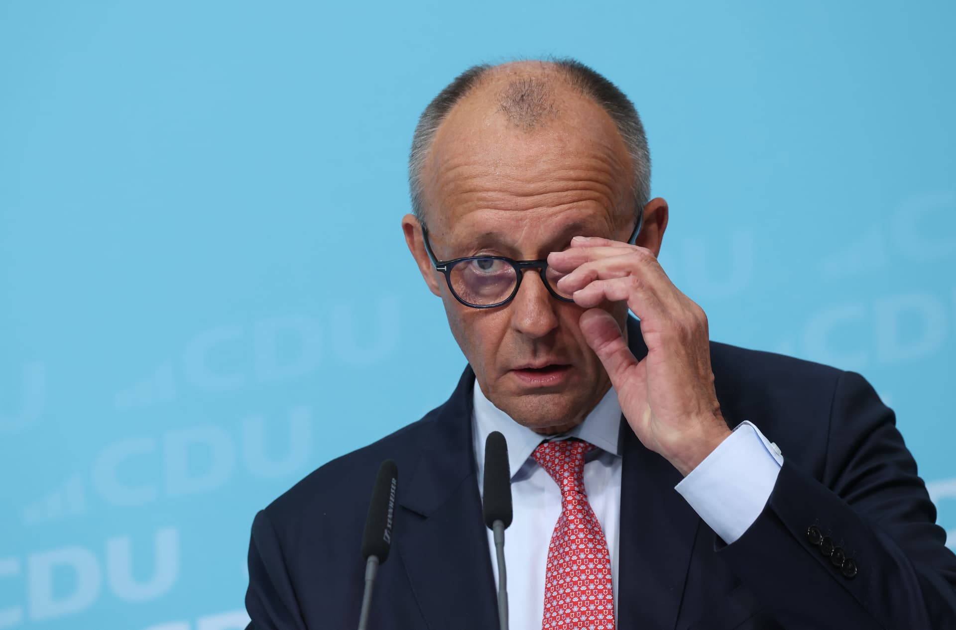Friedrich Merz speaks at a CDU campaign event ahead of Berlin state elections. 