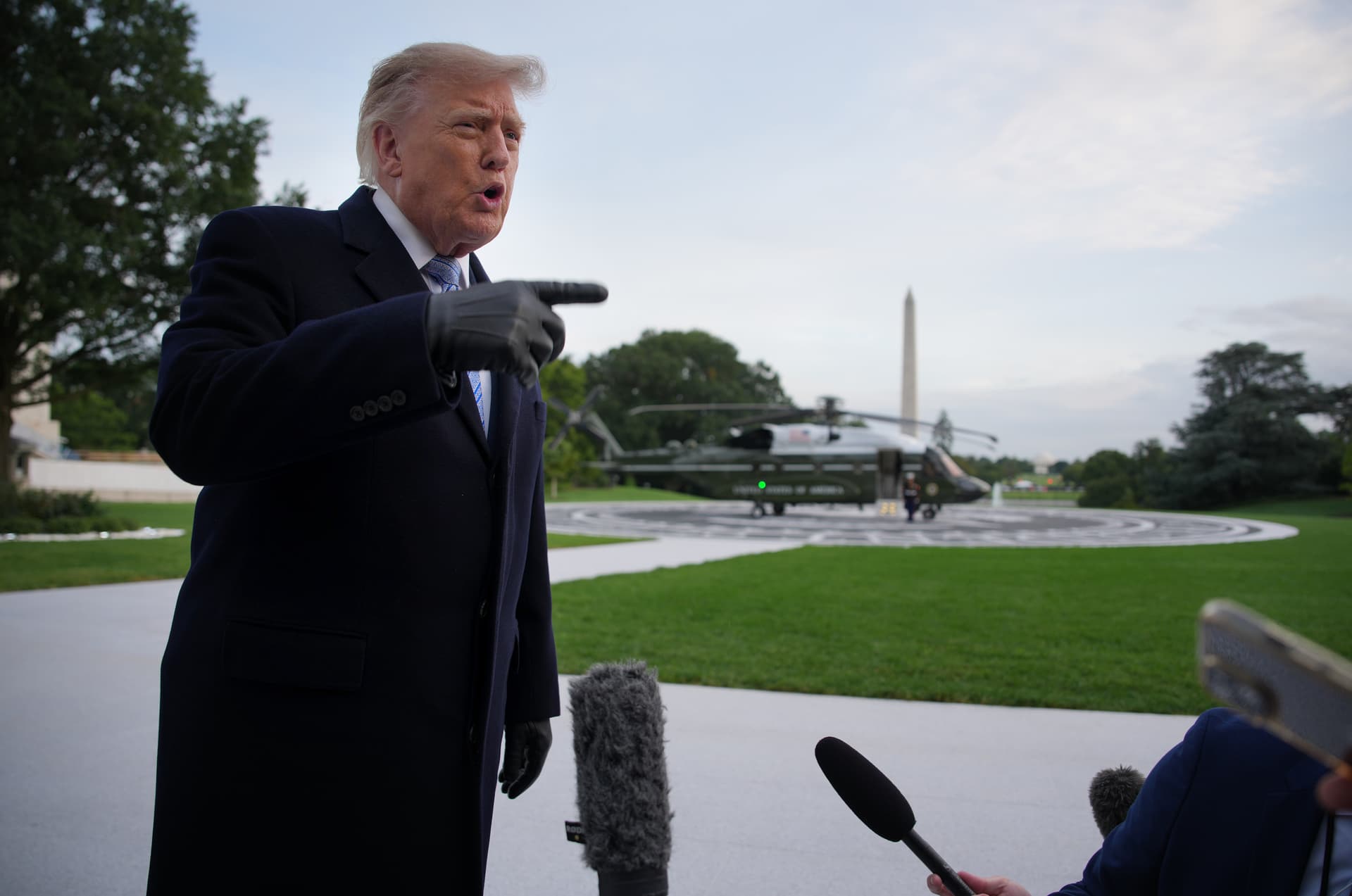 President Trump speaks to members of the media after returning to the White House on September 23, 2026.