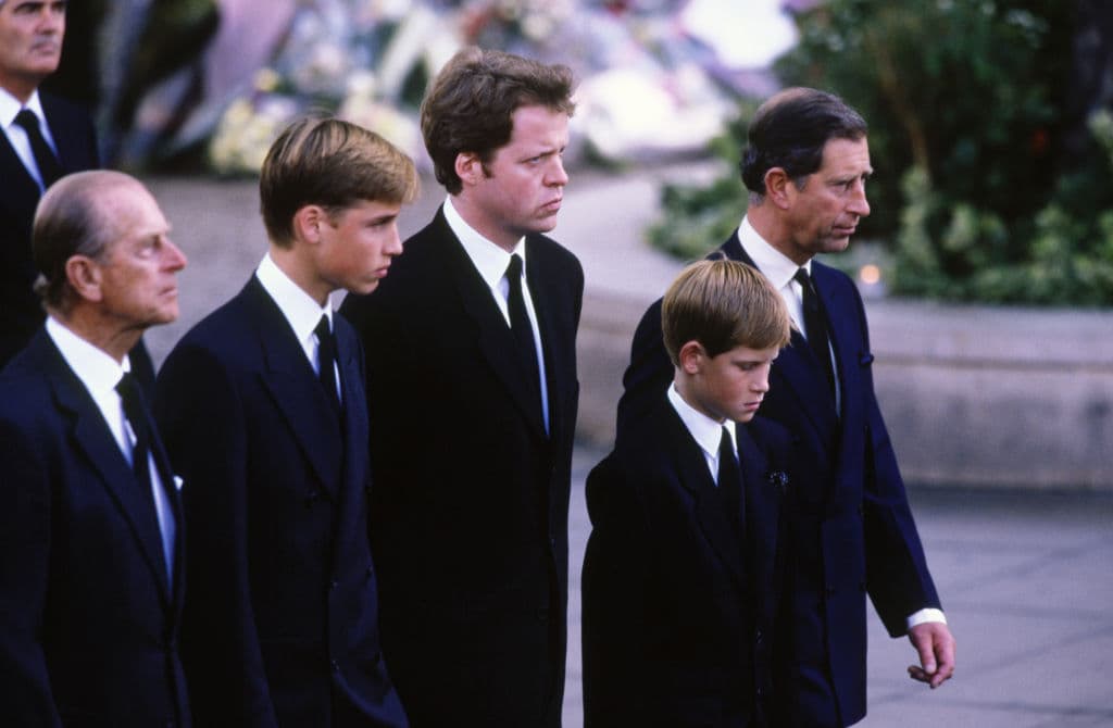 Prince Philip, Duke of Edinburgh, Prince William, the 9th Earl Charles Spencer, Prince Harry, and Prince Charles, walk behind the funeral cortege, at the funeral of Diana, Princess of Wales on September 6, 1997 at Westminster Abbey. 