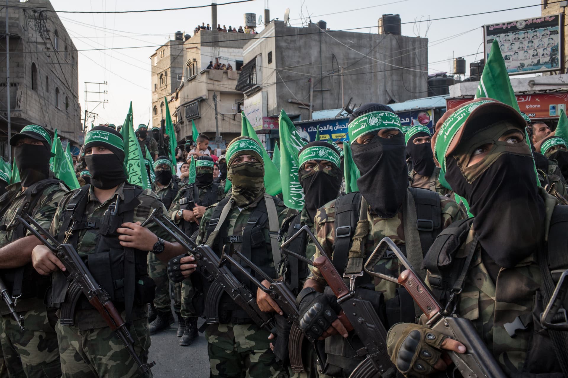 Hamas militants are seen during a military show in the Bani Suheila district in Gaza City, Gaza. 