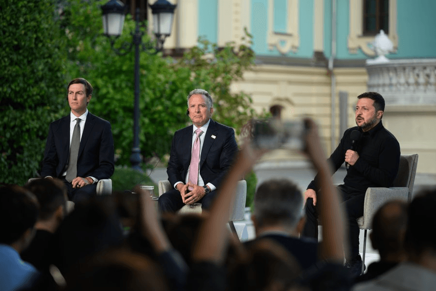 President Trump's special envoys Jared Kushner and Steve Witkoff speak at a press conference at Kyiv alongside President Volodymyr Zelensky on September 6, 2026.
