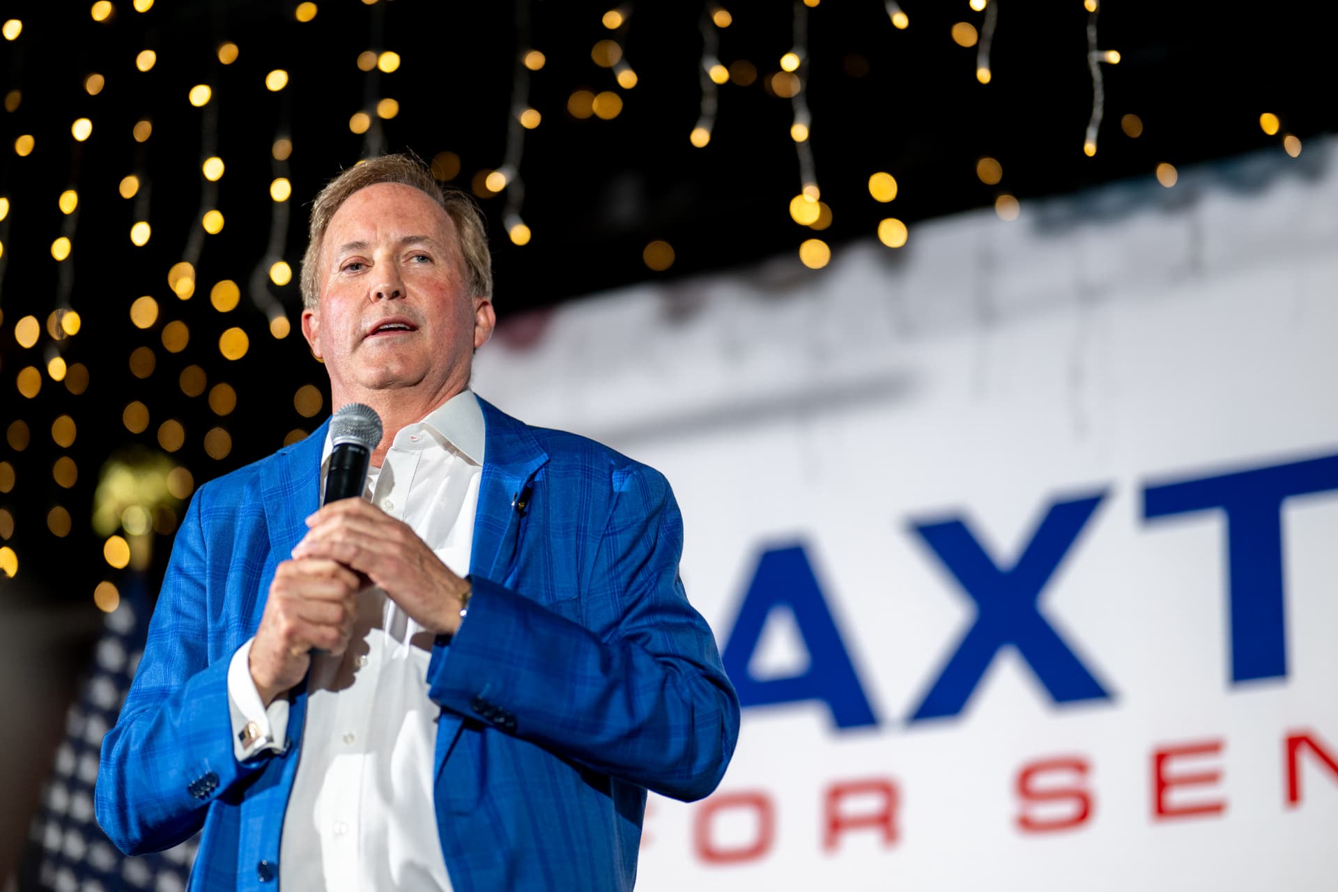 The Texas attorney general, Ken Paxton, speaks during a campaign event at Allen, Texas, on August 4, 2026. 