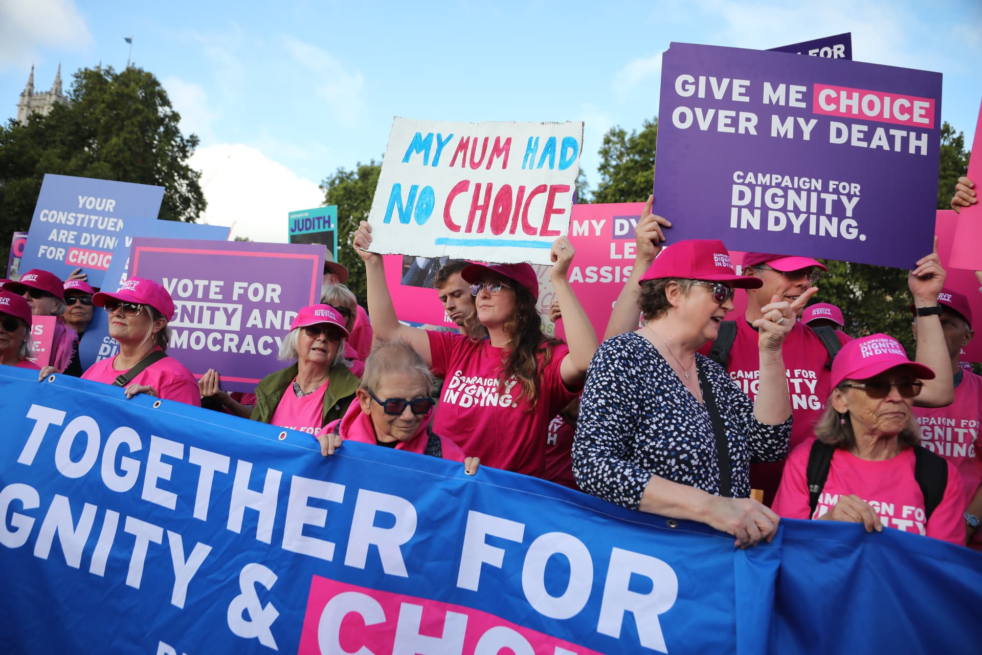 Supporters of assisted suicide ahead of a House of Commons vote on September 11, 2026 at London. 