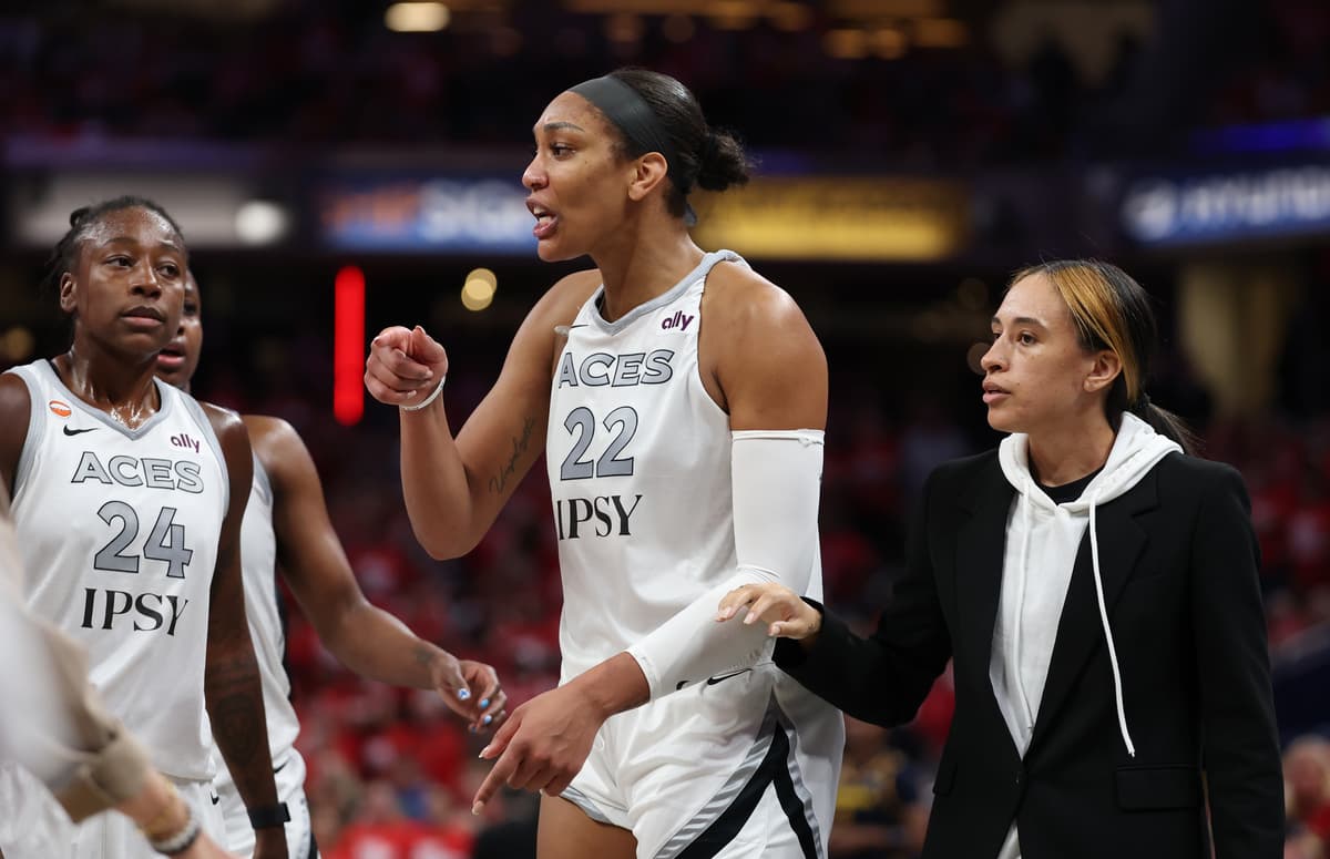 A'ja Wilson of the Las Vegas Aces is visibly upset after entering the stands to confront a fan during game two of the first round of the WNBA Playoffs against the Indiana Fever at Gainbridge Fieldhouse on September 29, 2026 at Indianapolis, Indiana. 