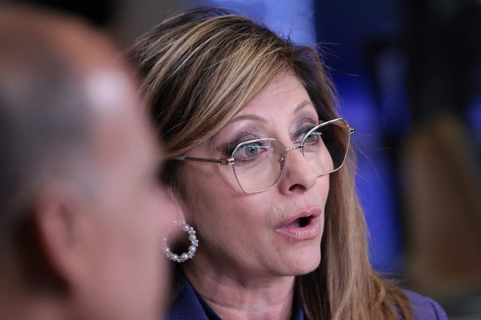 Maria Bartiromo speaks on the floor of the New York Stock Exchange during morning trading on July 1, 2026.