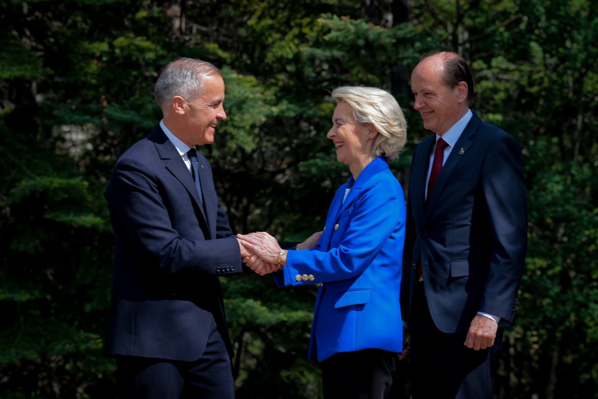 Prime Minister Mark Carney greets the European Commission president, Ursula von der Leyen, on June 16, 2025 at Kananaskis, Alberta. 