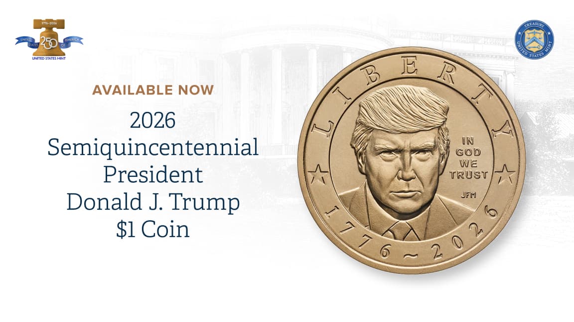 The gold-colored Trump coin includes the inscriptions 'LIBERTY,' 'IN GOD WE TRUST,' and '1776 ~ 2026,' with the 47th president’s face in the center.