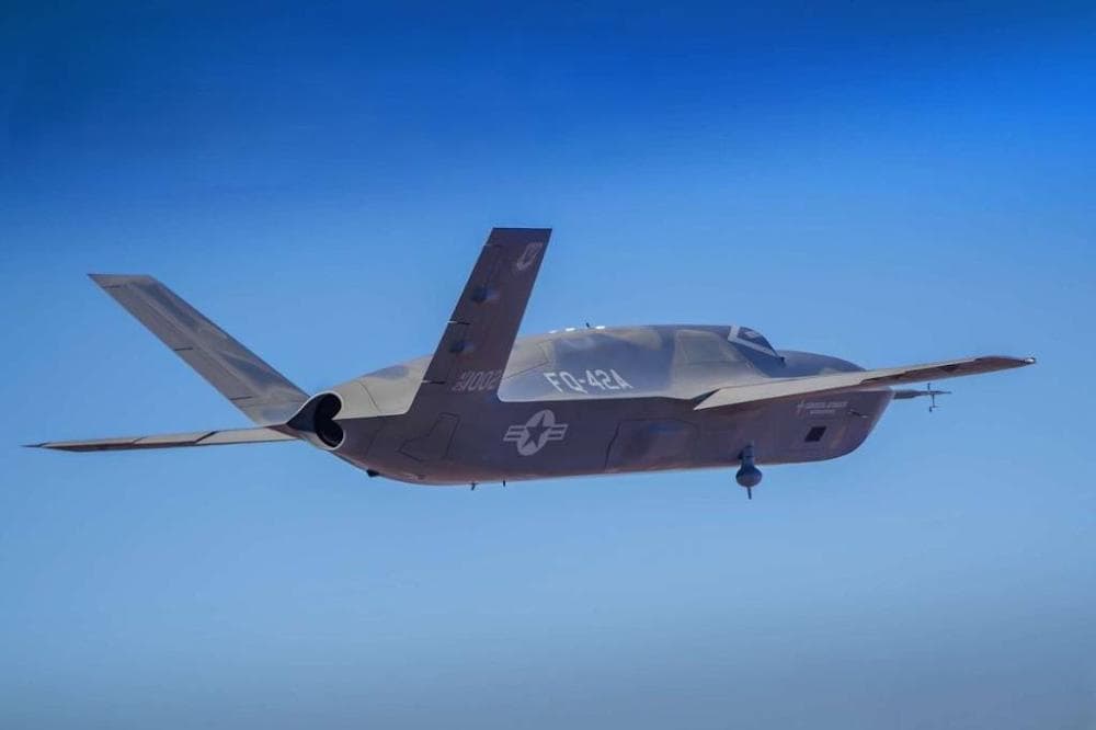 The Air Force has approved full-scale production of the Collaborative Combat Aircraft known as the FQ-42A "Dark Merlin," seen here in a promotional image released by General Atomics Aeronautical Systems, Inc., in August 2025.