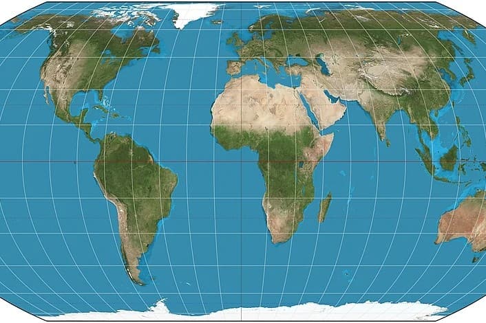 This Equal Earth projection map, now recommended by the United Nations, seeks to correct distortions in the relative size of the continents seen in the more familial Mercator projection.
