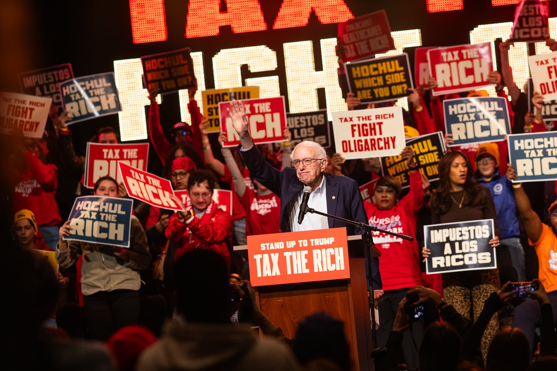 Andrew Lichtenstein/ Corbis via Getty Images Senator Bernie Sanders speaks at a Tax The Rich political rally hosted by the Democratic Socialists of America on March 29, 2026, at Lehman College, The Bronx, New York City.